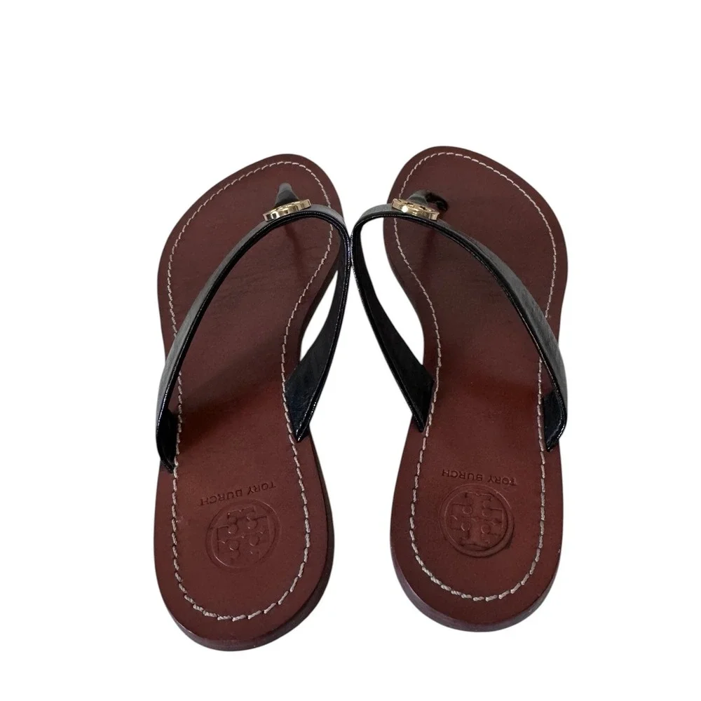 Tory Burch Miller Black Patent Leather Thong Sandals Brown Gold Logo Medallion